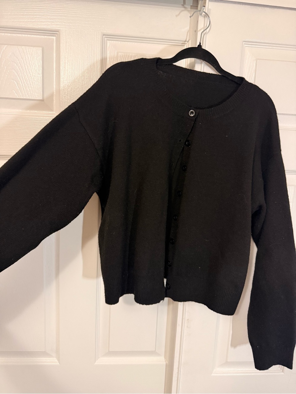 Black Button Front Crewneck Cardigan Sweater